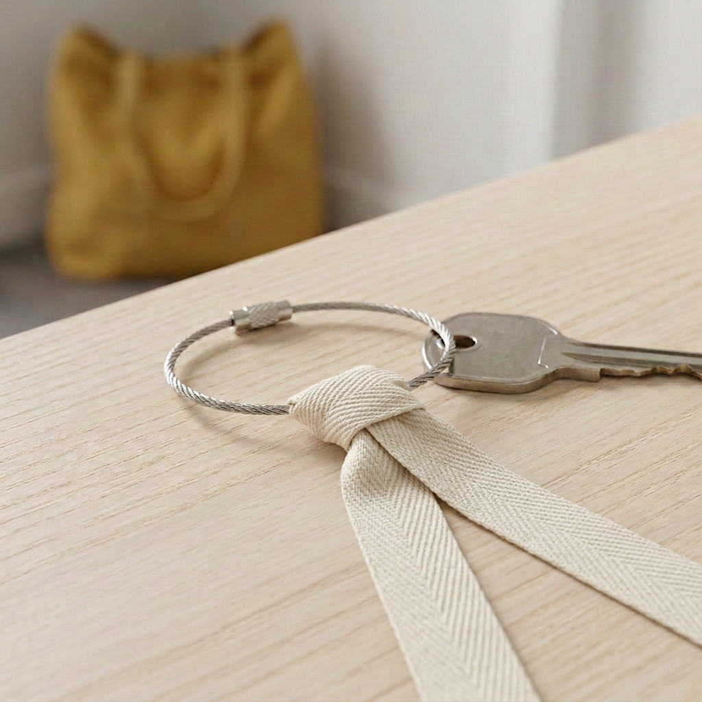 Keychain with long herringbone ribbon tails and small wire ring