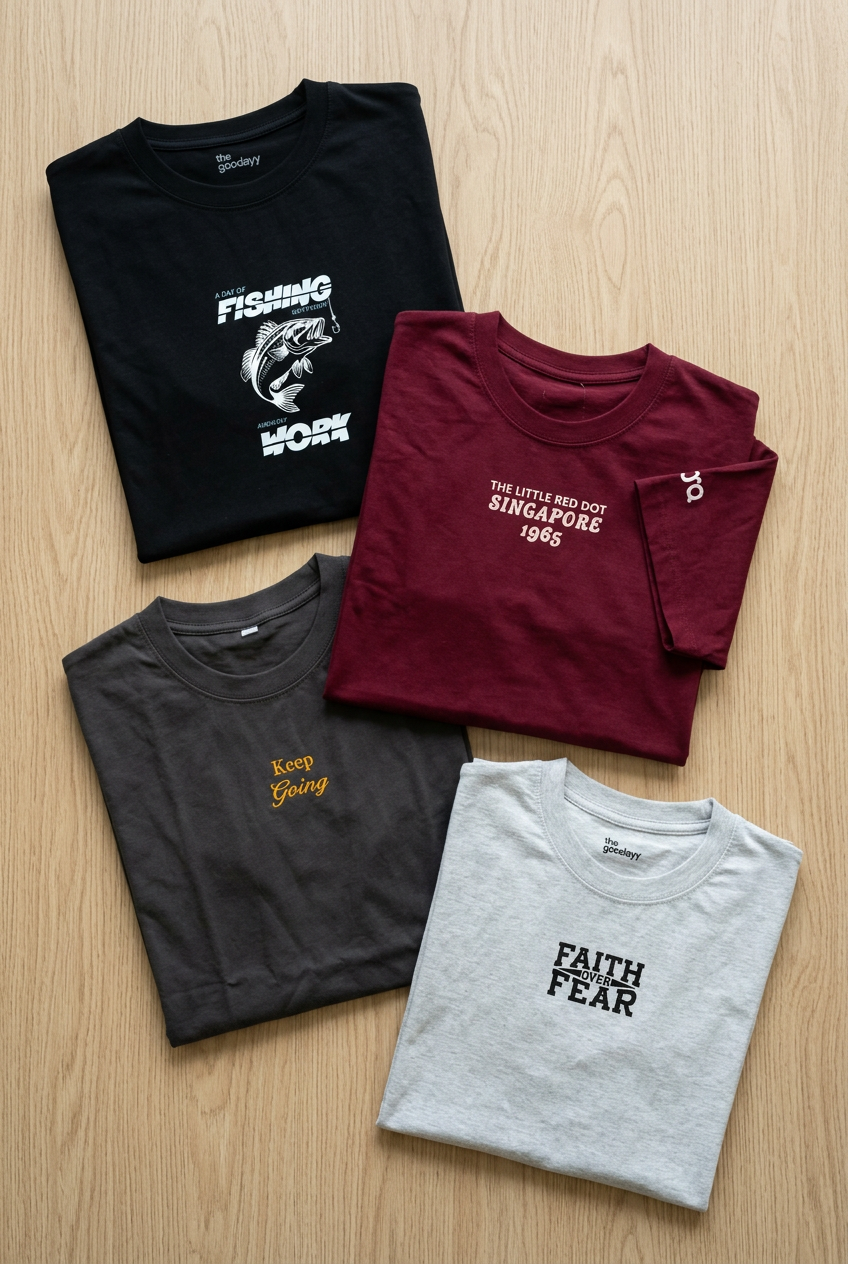 Tees collection portrait flat lay with a mix of designs