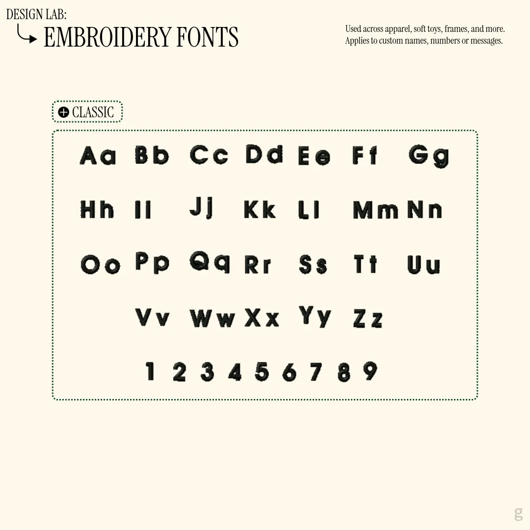 Classic embroidery font that can be added onto the goodayy products with letters and numbers on a off-white background.