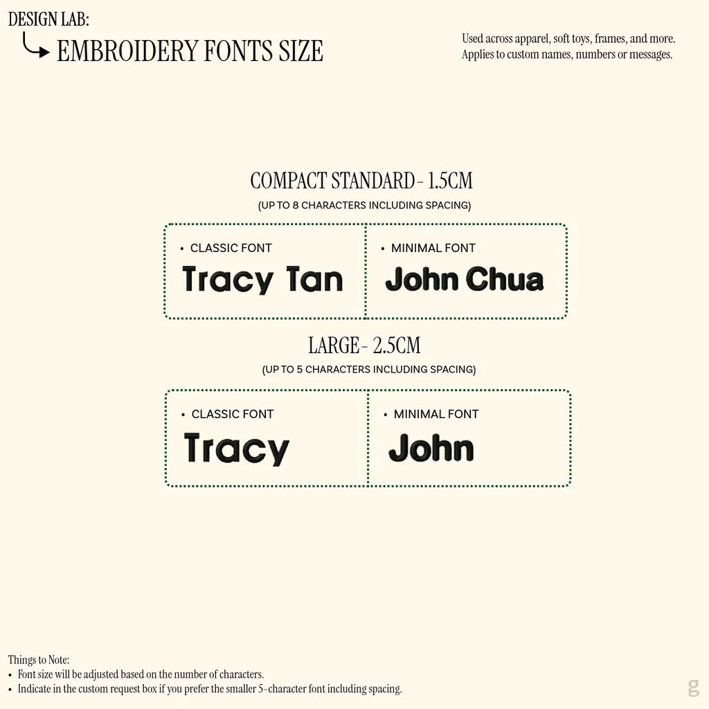 Comparison of the different embroidery customization fonts add on that is provided at the Goodayy  with a few names example that showcase the characters and size customers can expect to see when they receive their order.