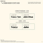 Comparison of the different embroidery customization fonts add on that is provided at the Goodayy  with a few names example that showcase the characters and size customers can expect to see when they receive their order.