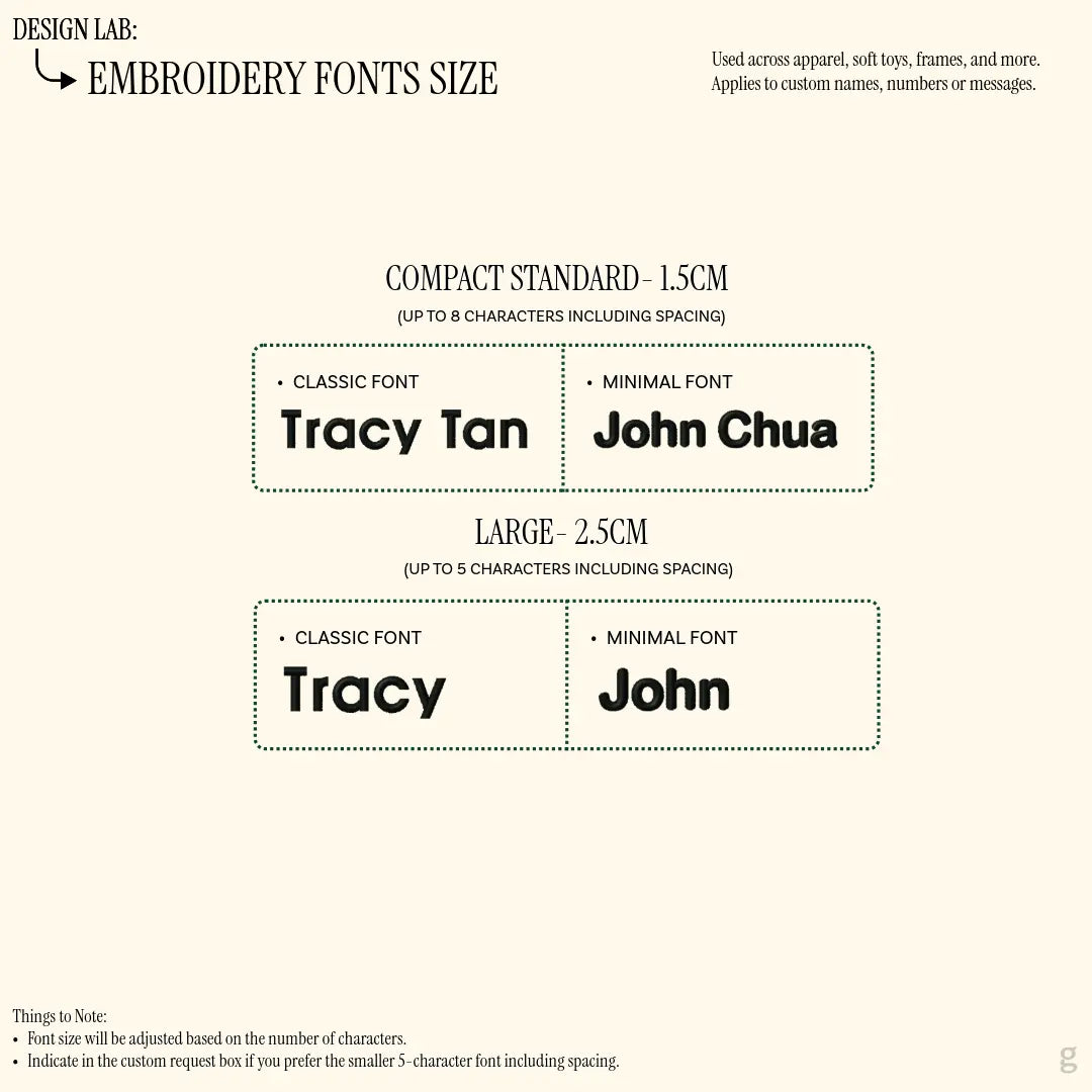 Comparison of the different embroidery customization fonts add on that is provided at the Goodayy  with a few names example that showcase the characters and size customers can expect to see when they receive their order.