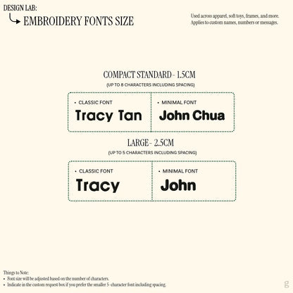 Comparison of the different embroidery customization fonts add on that is provided at the Goodayy  with a few names example that showcase the characters and size customers can expect to see when they receive their order.