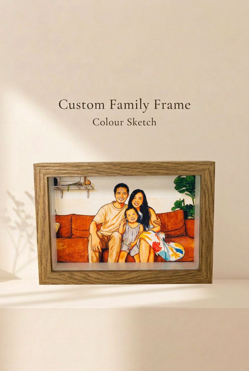 Custom family frame with colour sketch-style family artwork in a brown wood-grain frame.