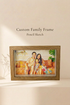 Custom family frame with pencil sketch-style family artwork in a brown wood-grain frame.