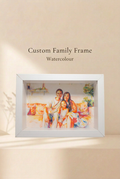 Custom family frame with watercolour-effect family artwork in a white frame.
