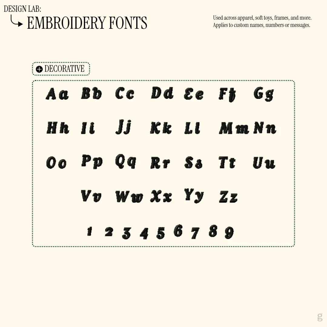 Decorative embroidery font that can be added onto the goodayy products with letters and numbers on a off-white background.