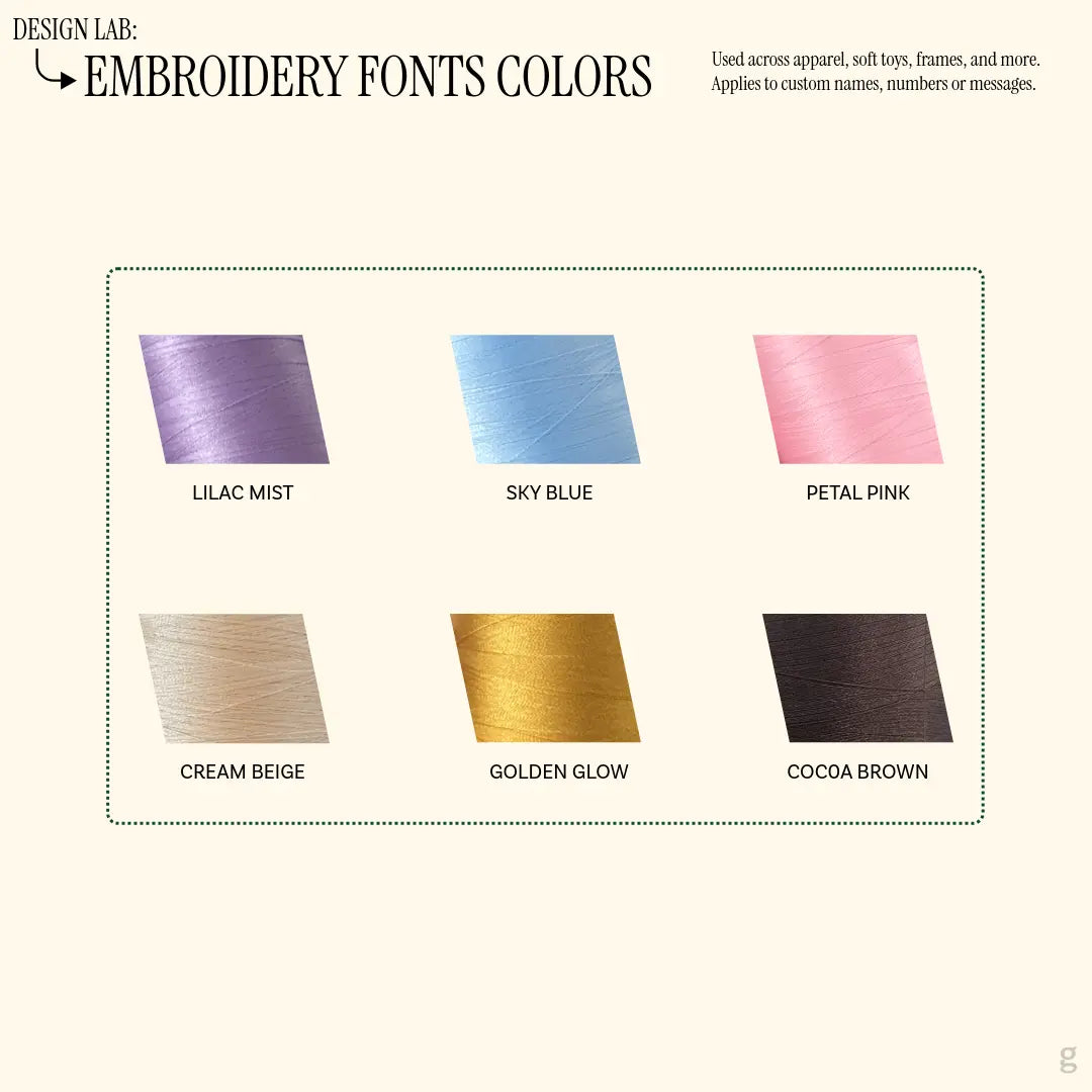 Color swatches for embroidery fonts including Lilac Mist, Sky Blue, Petal Pink, Cream Beige, Golden Glow, and Cocoa Brown.