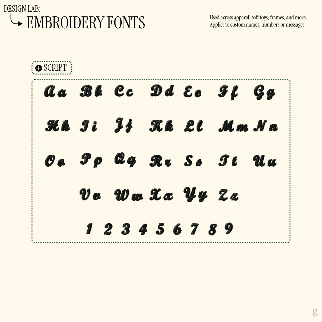 Script embroidery font that can be added onto the goodayy products with letters and numbers on a off-white background.