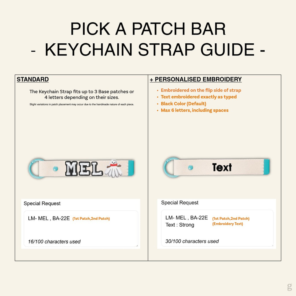 The Goodayy pick a patch bard guide for keychain strap that can be personalized with embroidery patches as well as adding on a personalized name on the flip side of the keychain strap.