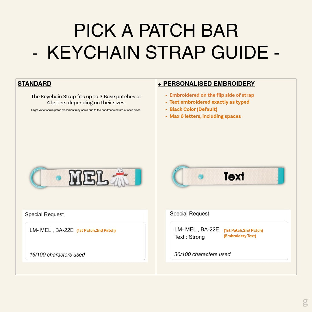 The Goodayy pick a patch bard guide for keychain strap that can be personalized with embroidery patches as well as adding on a personalized name on the flip side of the keychain strap.