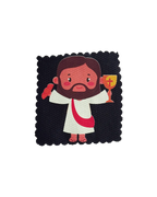 A square fabric patch with scalloped edges featuring a cartoon illustration of Jesus Christ holding a chalice with a cross, set against a plain white background.