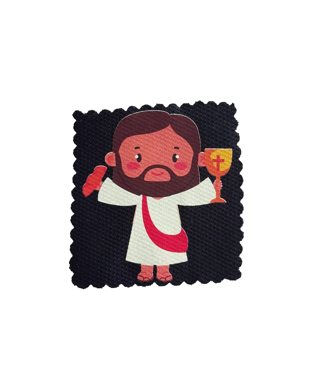A square fabric patch with scalloped edges featuring a cartoon illustration of Jesus Christ holding a chalice with a cross, set against a plain white background.