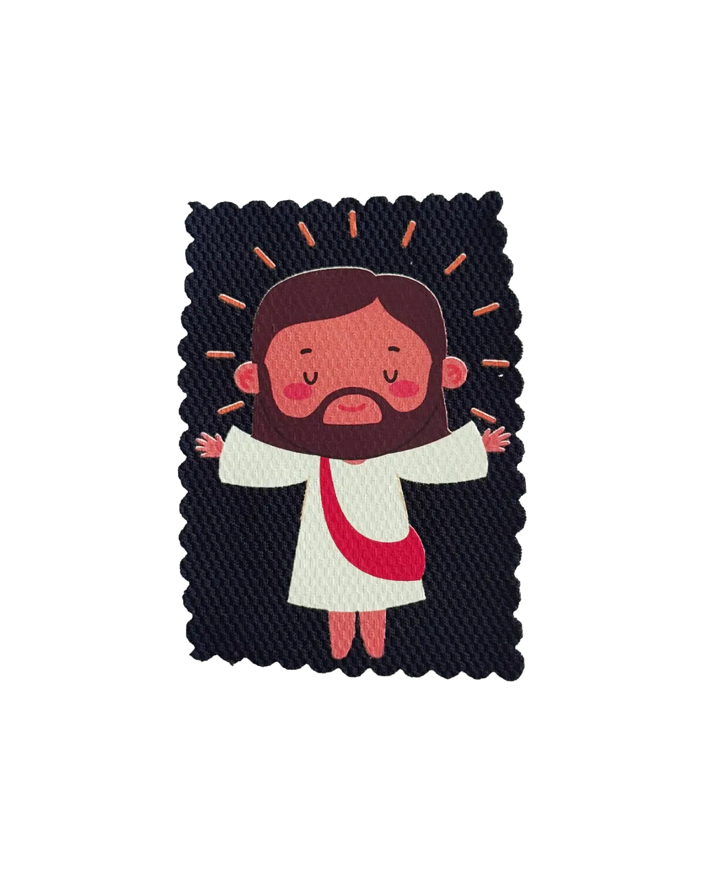 A rectangular fabric patch with scalloped edges featuring a cartoon illustration of Jesus with brown hair and beard, a white robe with a red sash, and a dark navy textured background with small orange rays.