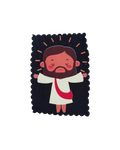 A rectangular fabric patch with scalloped edges featuring a cartoon illustration of Jesus with brown hair and beard, a white robe with a red sash, and a dark navy textured background with small orange rays.