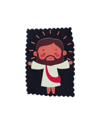 A rectangular fabric patch with scalloped edges featuring a cartoon illustration of Jesus with brown hair and beard, a white robe with a red sash, and a dark navy textured background with small orange rays.