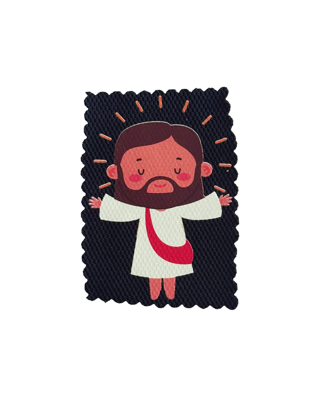 A rectangular fabric patch with scalloped edges featuring a cartoon illustration of Jesus with brown hair and beard, a white robe with a red sash, and a dark navy textured background with small orange rays.