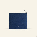 Blue pouch with a brand logo on a white background