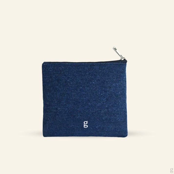 Blue pouch with a brand logo on a white background