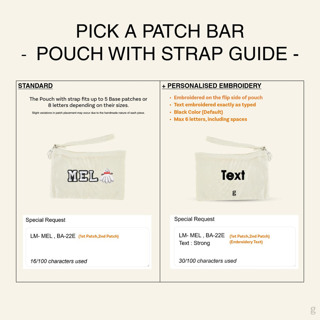 The Goodayy pick a patch bard guide for pouch with strap that can be personalized with embroidery patches as well as adding on a personalized name on the flip side of the pouch.