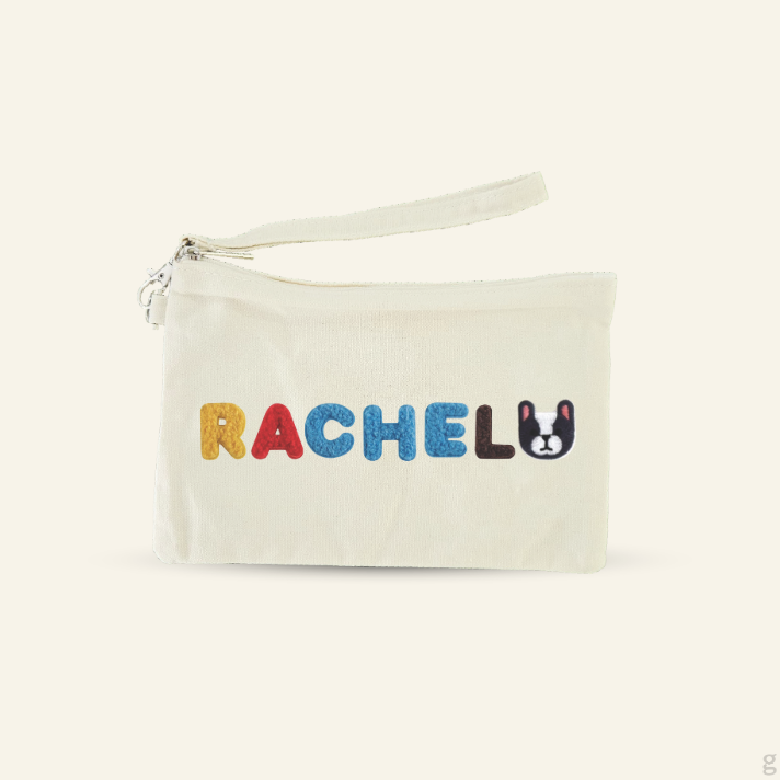 The Goodayy Canvas pouch with embroidery patches 'RACHEL' in colorful letters and a dog illustration on a white background