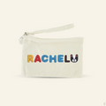 The Goodayy Canvas pouch with embroidery patches 'RACHEL' in colorful letters and a dog illustration on a white background