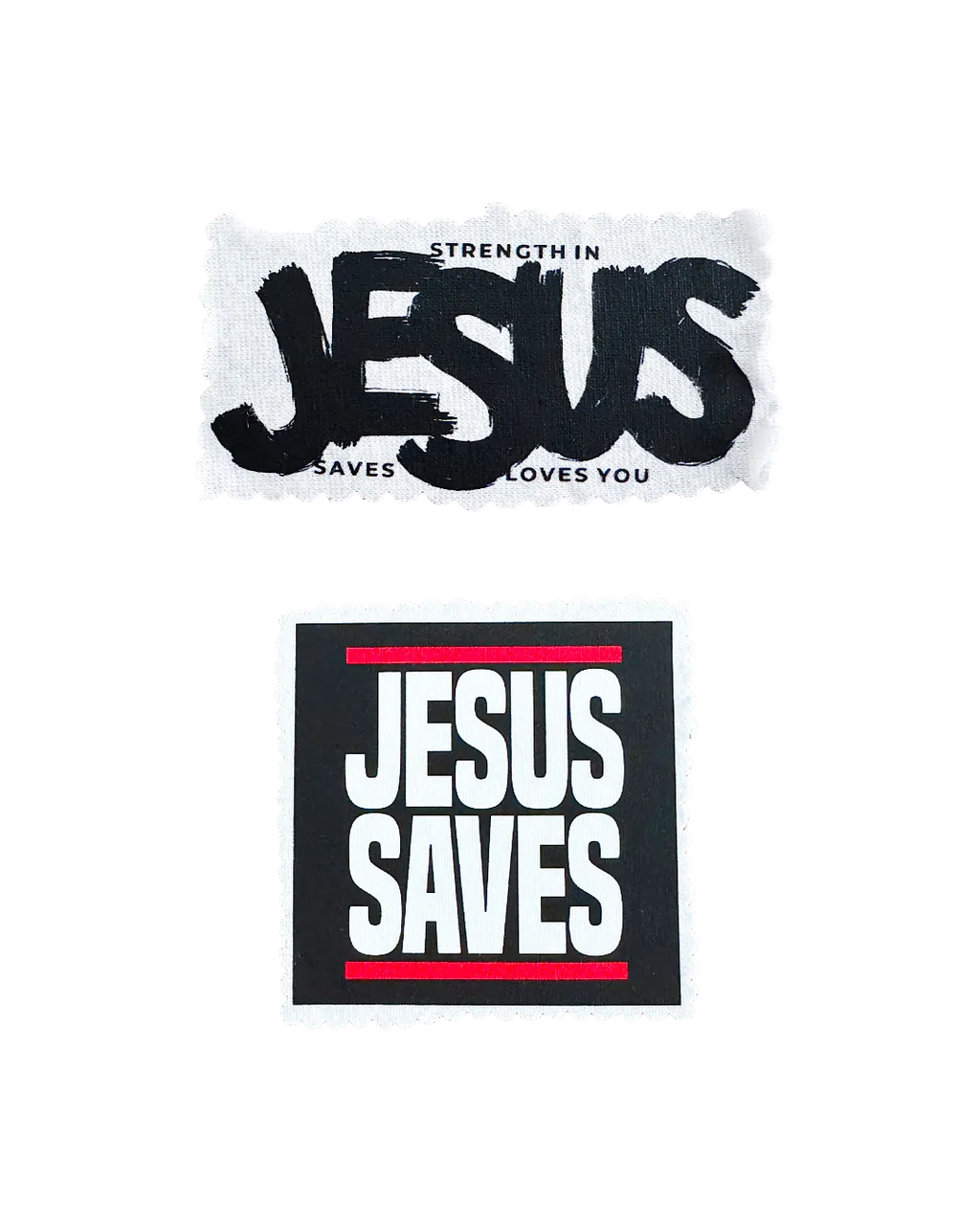 Two rectangular patches with religious text on a white background: the top patch reads 'STRENGTH IN JESUS SAVES LOVES YOU' in black lettering on a white patch, and the bottom patch reads 'JESUS SAVES' in white block letters on a black patch with red horizontal lines.