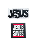 Two rectangular patches with religious text on a white background: the top patch reads 'STRENGTH IN JESUS SAVES LOVES YOU' in black lettering on a white patch, and the bottom patch reads 'JESUS SAVES' in white block letters on a black patch with red horizontal lines.