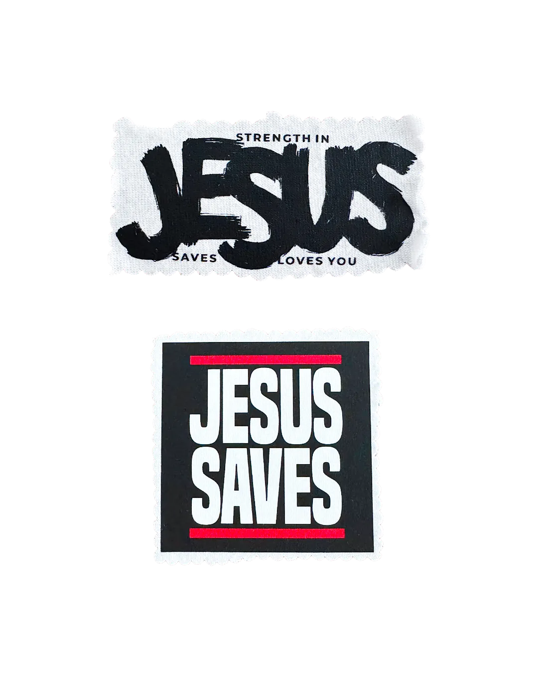 Two rectangular patches with religious text on a white background: the top patch reads 'STRENGTH IN JESUS SAVES LOVES YOU' in black lettering on a white patch, and the bottom patch reads 'JESUS SAVES' in white block letters on a black patch with red horizontal lines.