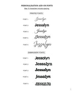 Comparison of 'Jessalyn' font across printed and embroidery formats on a white background.