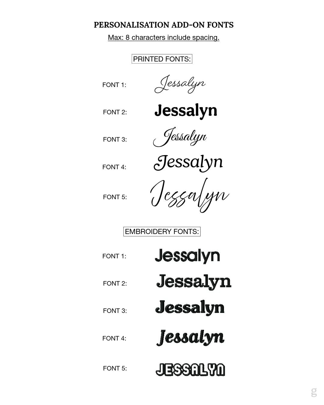 Comparison of 'Jessalyn' font across printed and embroidery formats on a white background.