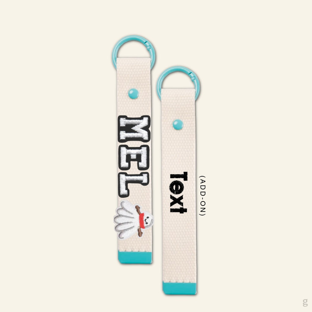 The Goodayy keychain strap canvas with "MEL" embroidery letter patch and personalized embroidery name or text on the flip side of the keychain strap.