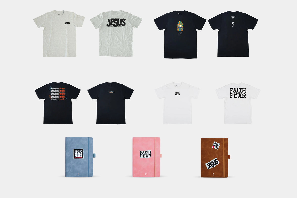 A 12-item product lineup on a light gray background featuring various t-shirts and matching notebooks. The lineup includes white and black t-shirts with religious-themed graphics (such as 'JESUS' and 'FAITH FEAR') as well as three colored notebooks in blue, pink, and brown, each decorated with stickers.