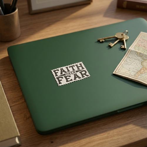 Faith Over Fear sticker with smaller scale on laptop