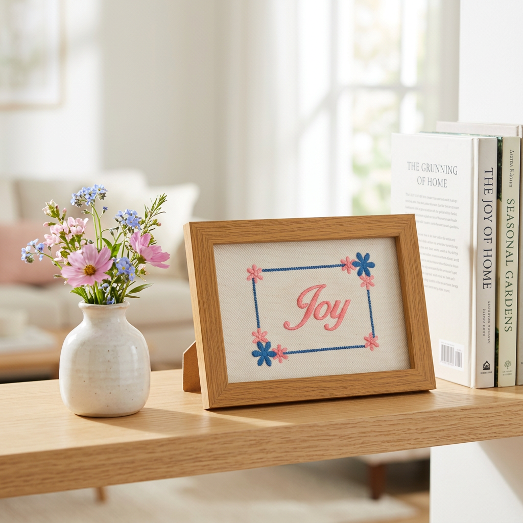 Joy frame on a bright home shelf