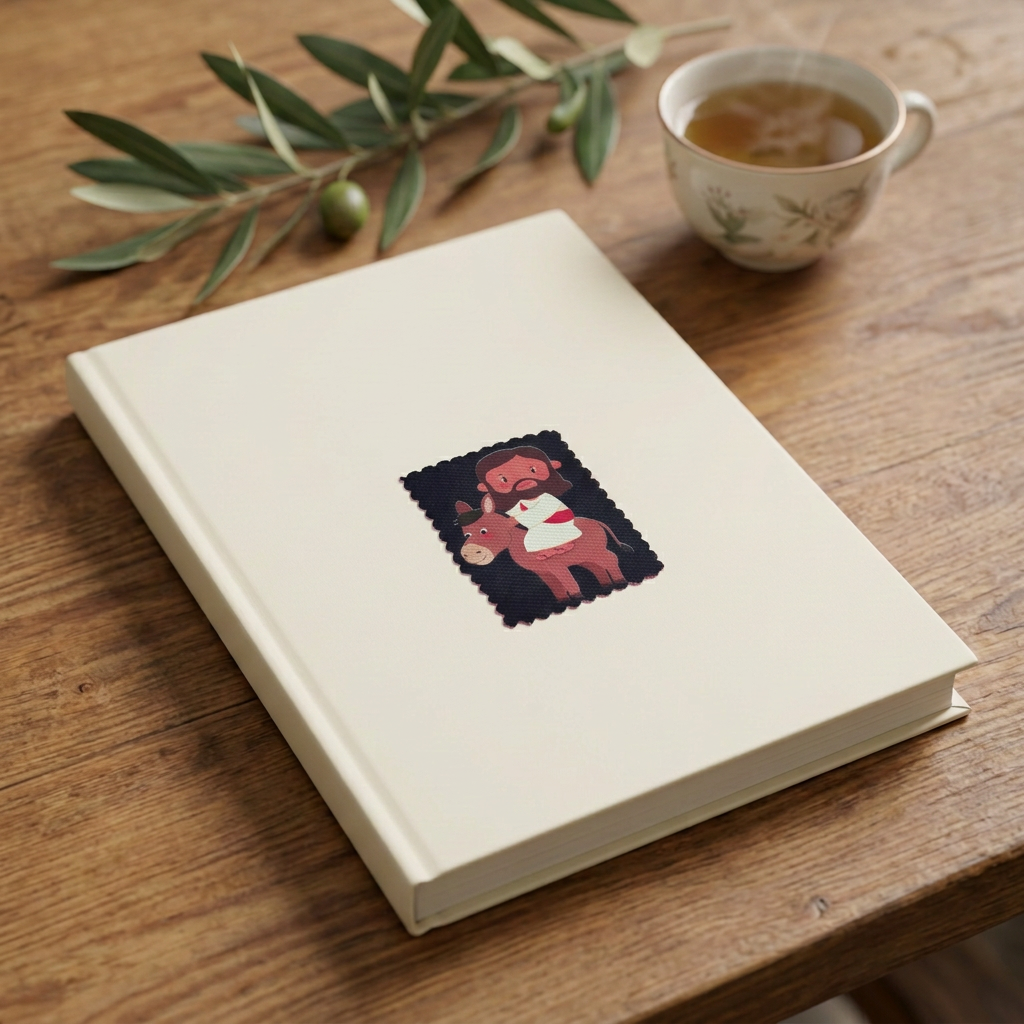 Little Jesus Donkey sticker at smaller scale on a smooth notebook