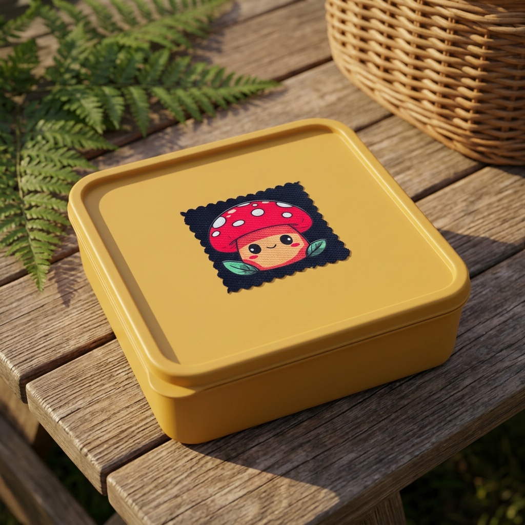 Merry Mushroom sticker on a hard storage box