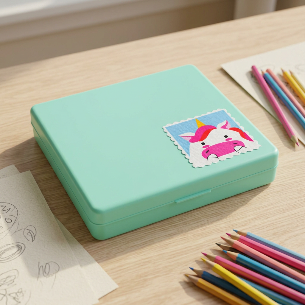 Peekaboo Unicorn sticker on a hard pencil box