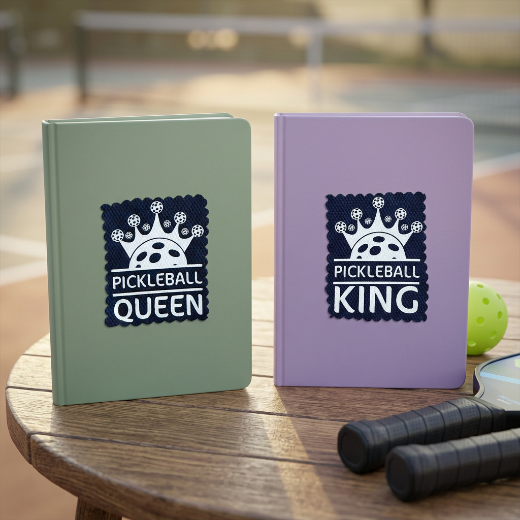 Pickleball King and Queen stickers on hardcover notebooks