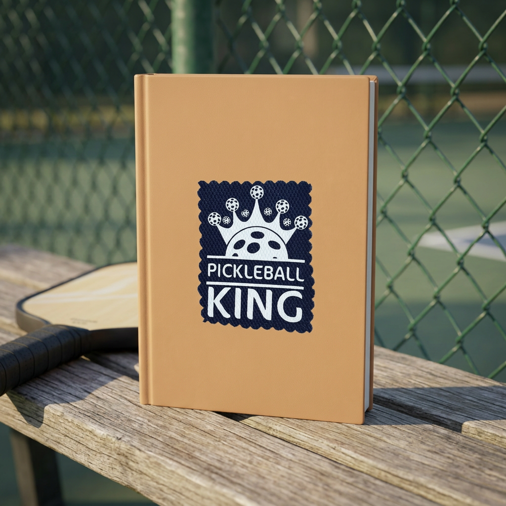 Pickleball King sticker on a hardcover notebook