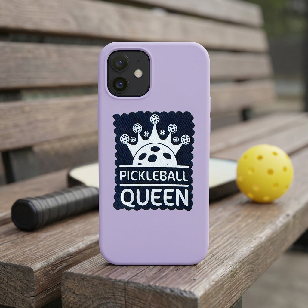 Pickleball Queen sticker on a lavender phone case