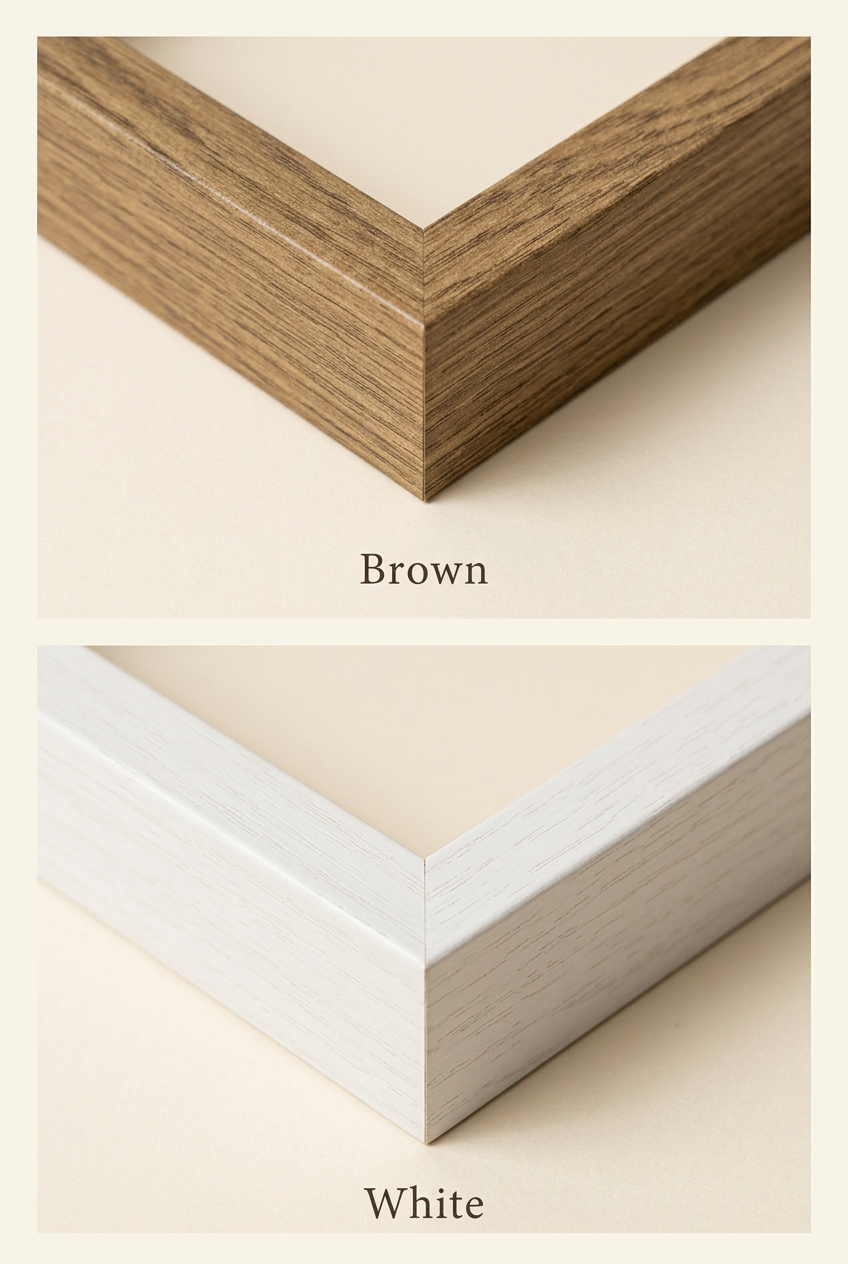Stacked close-ups of brown and white wood frame finishes