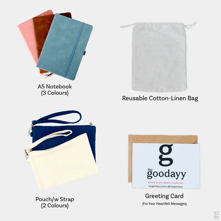 The Goodayy personalized gift set bundle featuring a blue A5 notebook, cream wristlet pouch, and a cotton-linen drawstring bag tied with a red gingham ribbon and a greeting card.