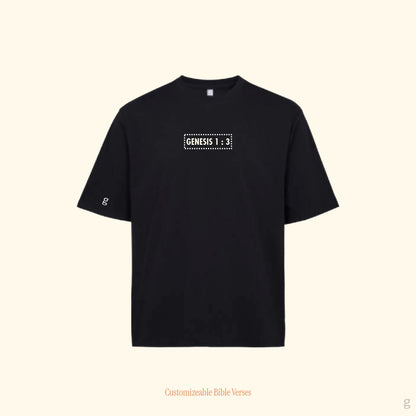 Black oversize cotton 260gsm t-shirt with personalize printed bible verses "Genesis 1:1 " on front of t-shirt.