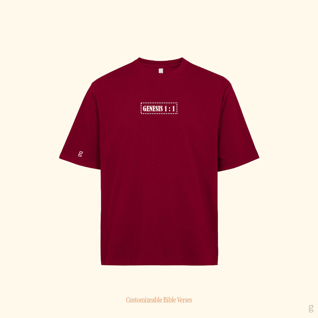 Maroon oversize cotton 260gsm t-shirt with personalize printed bible verses "Genesis 1:1 " on front of t-shirt.