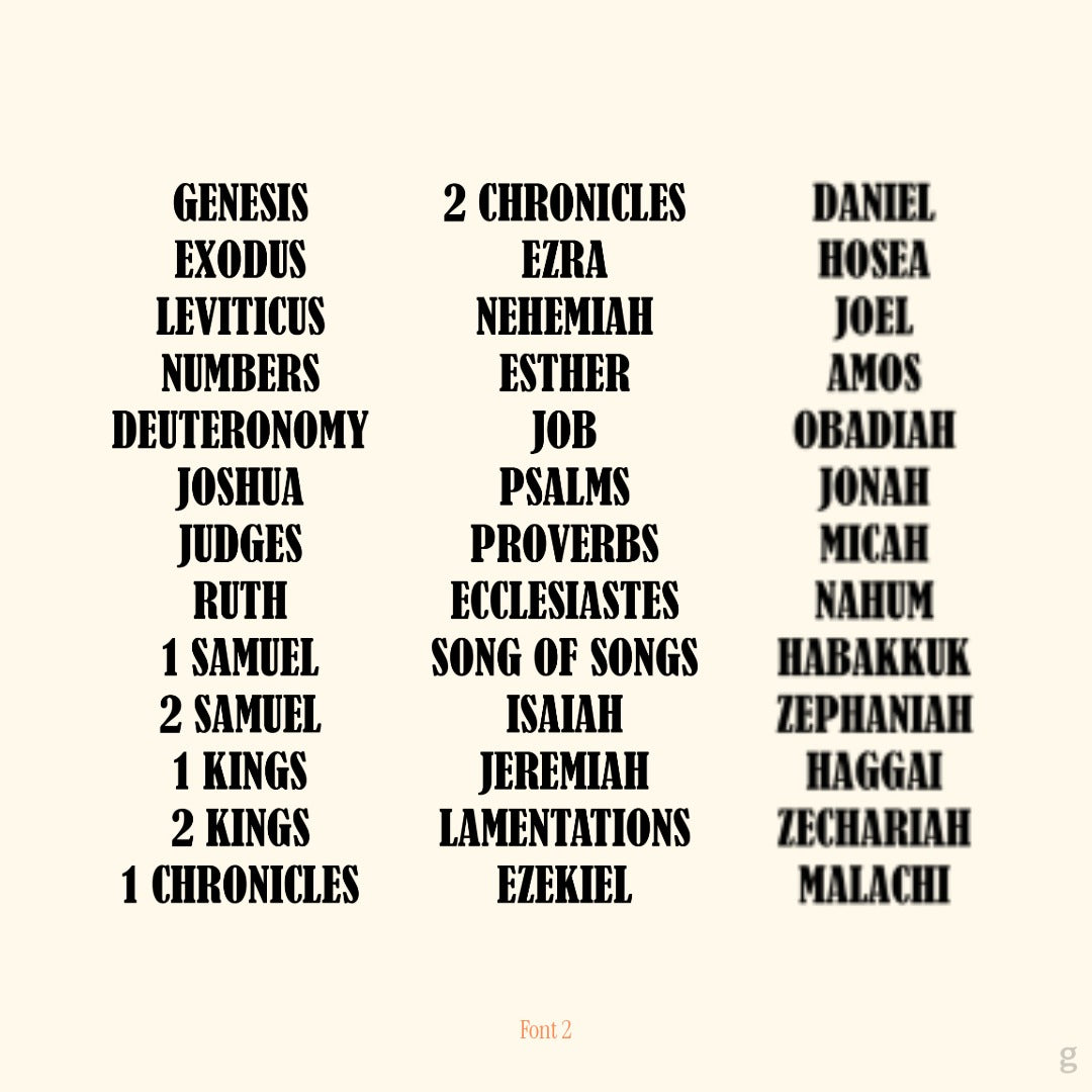 All of the books in the old testaments in the bible, showcasing how it will look like if font 2 is selected.