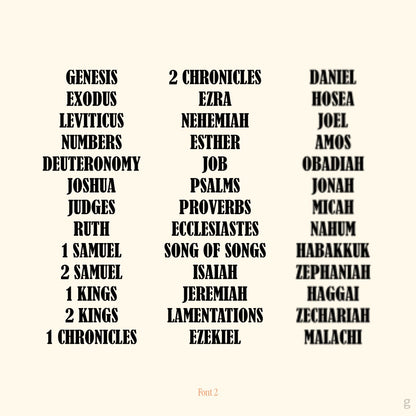 All of the books in the old testaments in the bible, showcasing how it will look like if font 2 is selected.