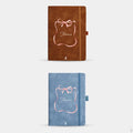 Two notebooks, one brown and one blue, with a decorative bow and personalize 'Name' text on a white background.