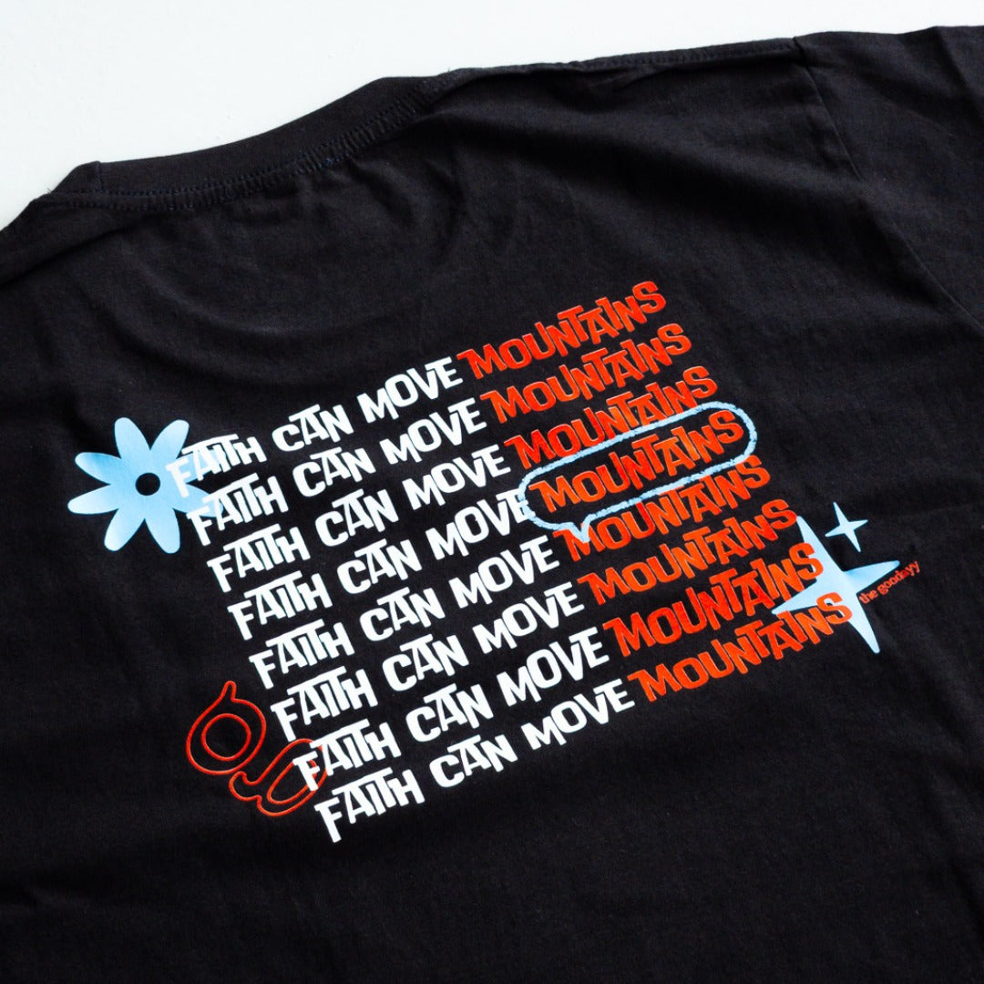 The Goodayy faith can move mountains graphic printed exclusive faith base on the back of a black cotton t-shirt 