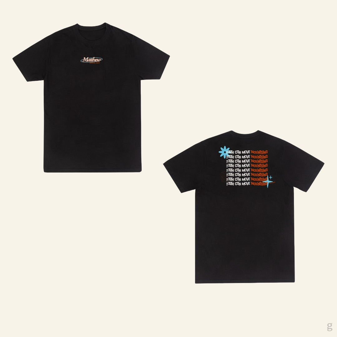 The Goodayy faith can move mountains exclusive faith base black cotton t-shirt front and back view on a white background.